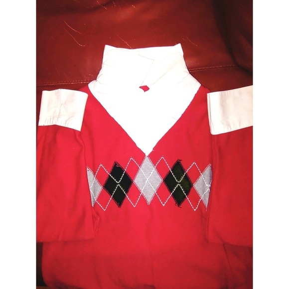 Y2K Cotton Argyle Sweater Red Black French Cuff & Collar Layered Style - Large - Picture 8 of 8